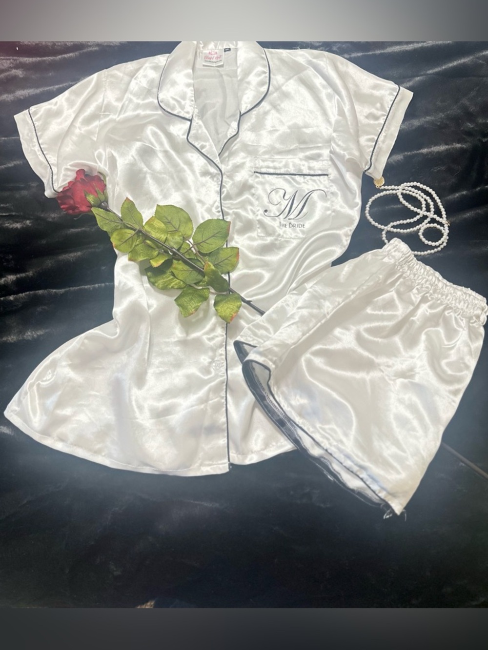Bride Just Married Silky Soft Pajama Set Button Down Top Shorts Black Details M